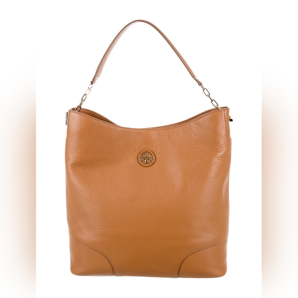 Tory Burch Chain Link Slouch Designer Tan Whipstitch Logo Hobo  Purse Handbag
